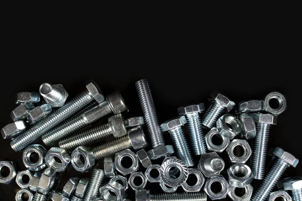 Metal Bolts Nuts Black Background Copy Space — Stock Photo, Image