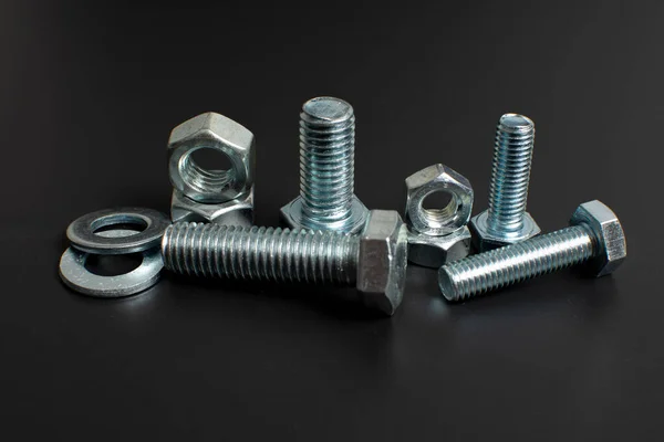 Several Metal Bolts Nuts Black Background — Stock Photo, Image