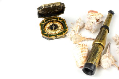 beyaz arkaplanda deniz kabukları ve gezgin ögeleri