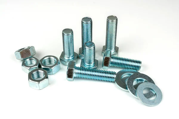 Group Bolts Nuts Made Light Metal White Background — Stock Photo, Image