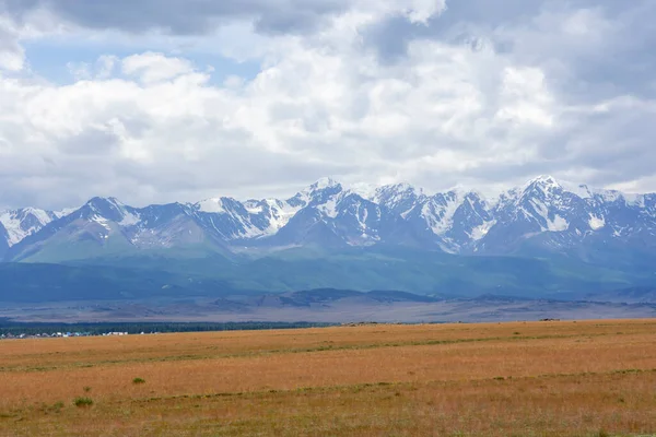 Dağların karlı zirveleri ve bulutlu gökyüzünün arka planında bozkır.