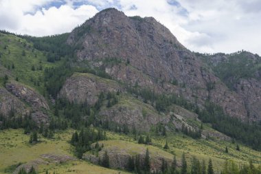 Dağların zirveleri ve yeşil bozkırlar bulutlu bir gökyüzünün arka planına karşı