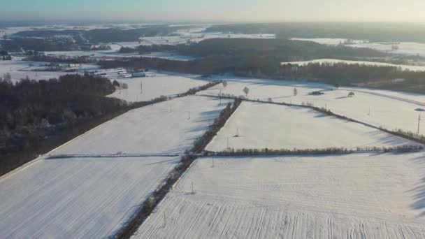Vista aérea sobrevoando nevoeiro neve coberta paisagem rural — Vídeo de Stock