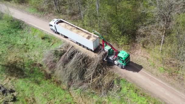 Luchtfoto van houtversnipperaar die versnipperd hout in een vrachtwagen blaast. Bosachtergrond — Stockvideo