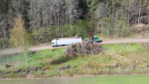 Vue aérienne d'une déchiqueteuse soufflant du bois déchiqueté à l'arrière d'un camion. Fond forestier — Video