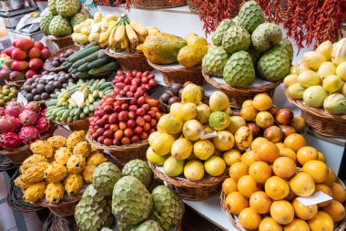 Fresh exotic fruits on display in farmers market in Funchal, Madeira