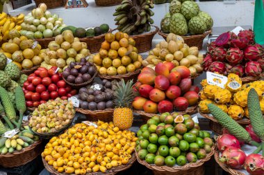 Fresh exotic fruits on display in farmers market in Funchal, Madeira