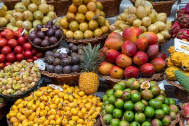 Fresh exotic fruits on display in farmers market in Funchal, Madeira