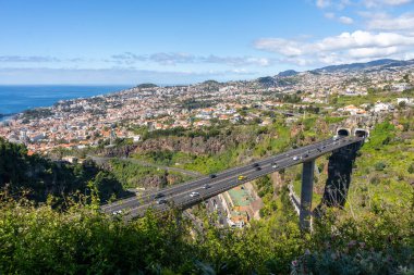 Scenic highway bridge leading into mountain tunnels on Madeira Island, Portugal