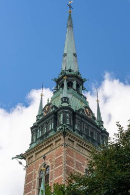 Clock bell tower of The German Church (Tyska kyrkan) in Gamla Stan, Stockholm, Sweden