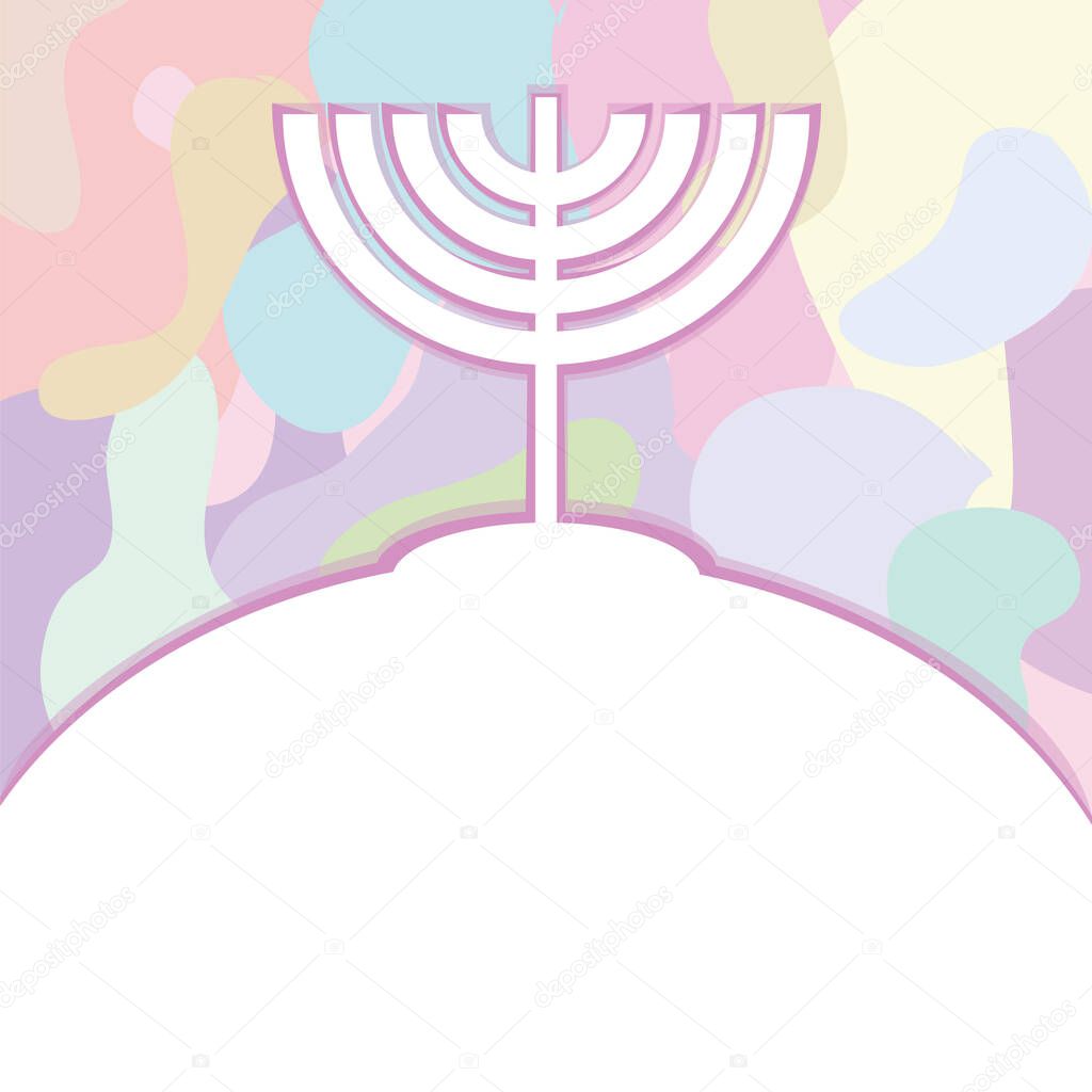 background. Invitation to a Hanukkah party and lighting candles in the menorah. With a painting of a white menorah, an a background of light and mixed pastels.Vector drawing. flat.