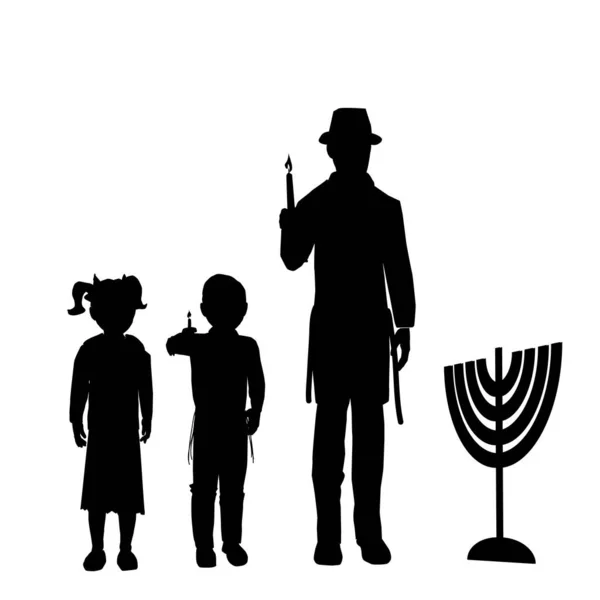 Una Silhouette Nera Una Famiglia Che Accende Candele Hanukkah Vettori — Vettoriale Stock