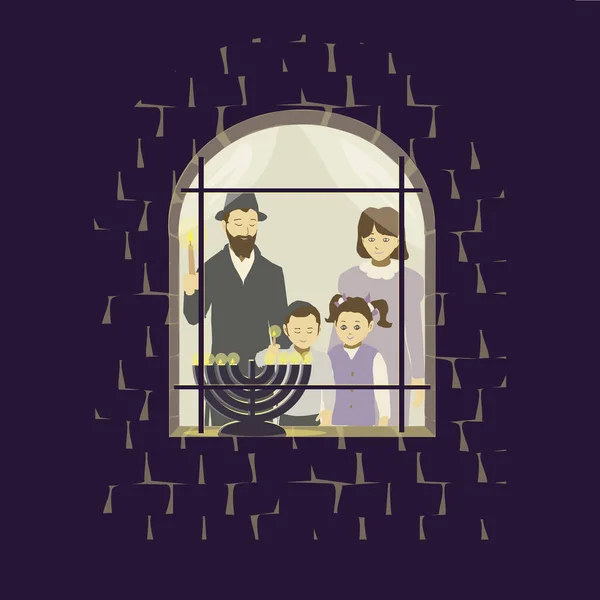 Religious Orthodox Jewish Family Lighting Hanukkah Menorah Candles Windowsill Vector — Stock Vector