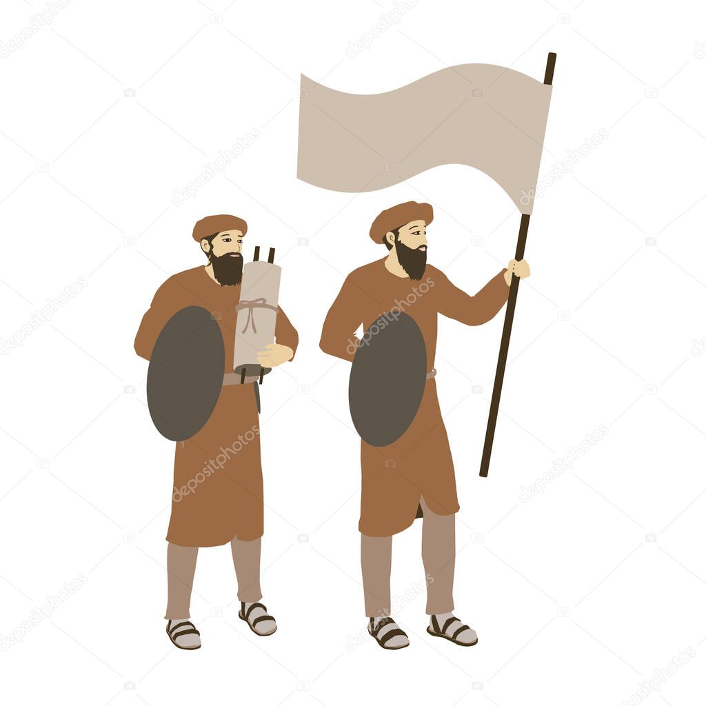 Maccabim - Historical Jewish Soldiers. Bearded. Hold a flag, a Torah scroll and shields.Flat vector drawing.