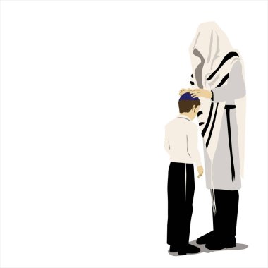 Birkas habanim - Ortodoks dindar bir Yahudi baba oğlunu selamlıyor. Ellerini kippah kaplı oğlunun başına koyuyor. Beyaz bir cüppe giymişti.