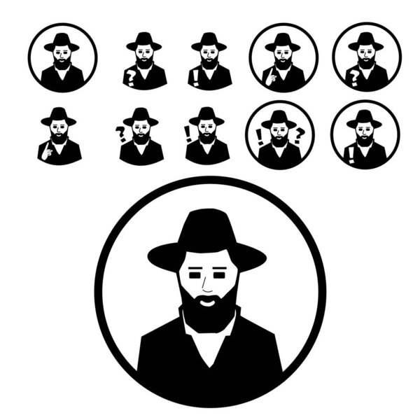 Icon set of a religious Orthodox rabbi observing Torah and mitzvos with a hat and suit and beard.Some with a question mark,  or with an exclamation mark, and  with the hand raised in an explanation
