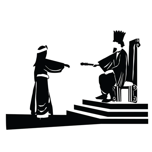 波斯国王亚哈随鲁士的矢量画把权杖伸向埃瑟王王后 犹太人在 杂志上看到的书卷中的一个场景 — 图库矢量图片