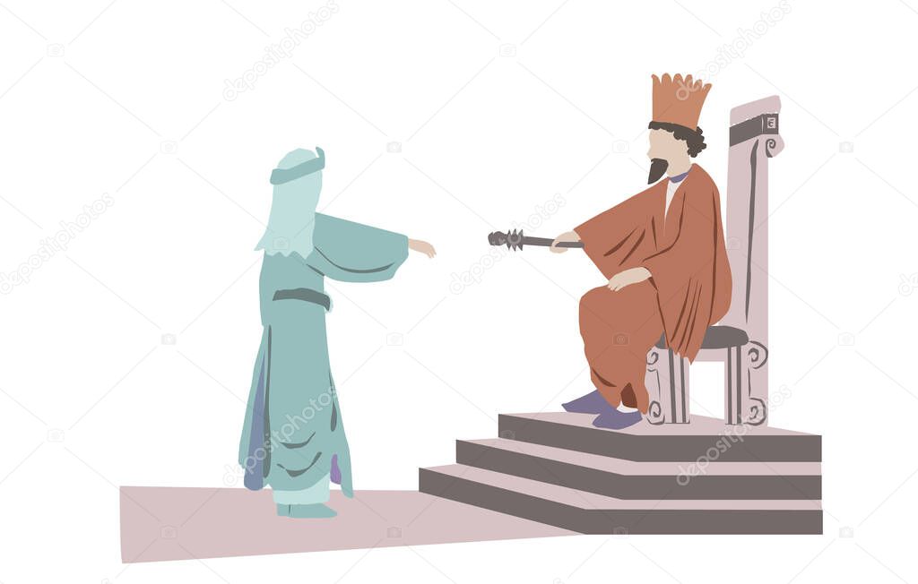 Vector drawing of the Persian king Ahasuerus extends the scepter to Queen Esther.One of the scenes in a scroll read by the Jews on Purim.