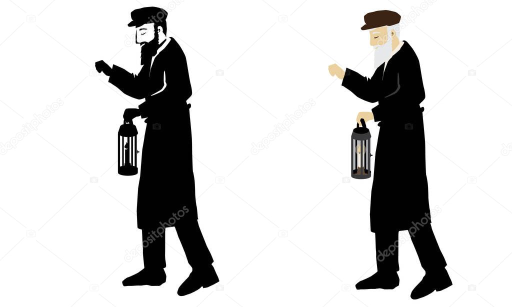 An elderly Jewish shamash with a white beard, from the old town. Holds a lantern with a candle in hand. And knocks on windows to wake up Orthodox men for Slichot prays in the month of Elul. vector