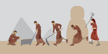 Dindar Yahudi figürlerinin vektör çizimi, İsrail 'in çocukları, çok çalışıyorlar, kilden tuğla yapıyorlar. Bir Mısırlı ayakta duruyor ve bir sopa tutuyor. Mısır 'da İsrail' in köleleştirilmesinden bir sahne