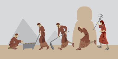 Vector drawing of religious Jewish figures, the children of Israel, working hard, making bricks from clay. An Egyptian stands and holds a beating stick. A scene from the enslavement of Israel in Egypt clipart