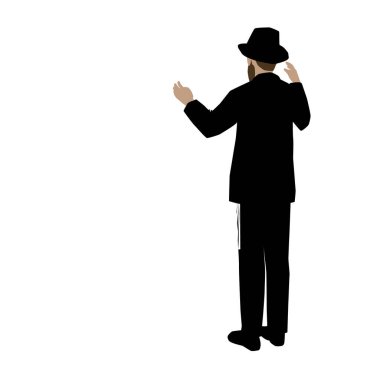 An observant chassid Jewish man Wearing a hat and suit, stands and watches creation with admiration.The painting symbolizes the Belief in G-dPositive Commandment 1.Colorful vector. White background clipart