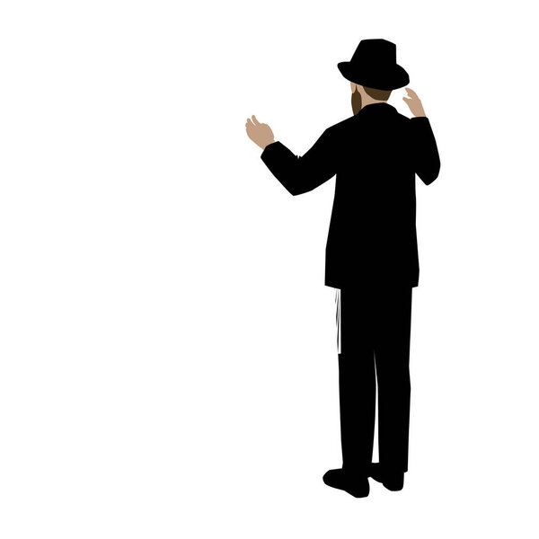 An observant chassid Jewish man Wearing a hat and suit, stands and watches creation with admiration.The painting symbolizes the Belief in G-dPositive Commandment 1.Colorful vector. White background