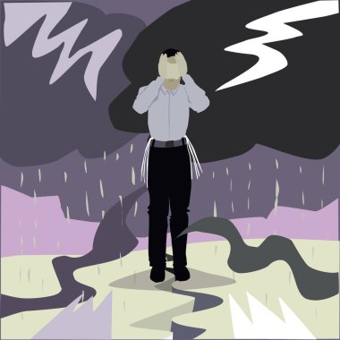 A painting of an ultra-Orthodox Jewish man standing stressed and frightened in the middle of a stormy background, on cracked ground, with lightning and dark clouds in the background.Vector drawing