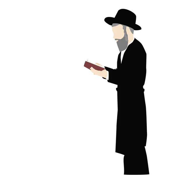 一个虔诚的犹太人 一个孤立的哈西底人 极端东正教的人物 观察托拉和密茨沃斯人 手里拿着一本祈祷书 留着银发 卷曲的佩奥长长的黑色西装 — 图库矢量图片