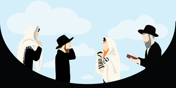Jewish prayer. Four figures of Hassidic religious ultra-Orthodox men pray. With a tallit and tefillin, he kisses the tassel, says Shema Yisrael, arranges the tallit, and holds a prayer book. vector