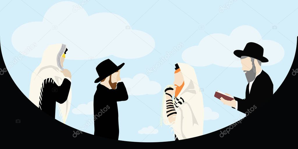 Jewish prayer. Four figures of Hassidic religious ultra-Orthodox men pray. With a tallit and tefillin, he kisses the tassel, says Shema Yisrael, arranges the tallit, and holds a prayer book. vector