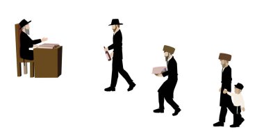 Aşkenazi Yahudileri, ultra-Ortodoks Tevrat gözlemcisi Hasidim, hahama giderken bir sepet şarap, çocuk ve bir kuzu getirin. Oturup Gemara 'yı inceleyen. Beyaz arkaplanda vektör çizimi.