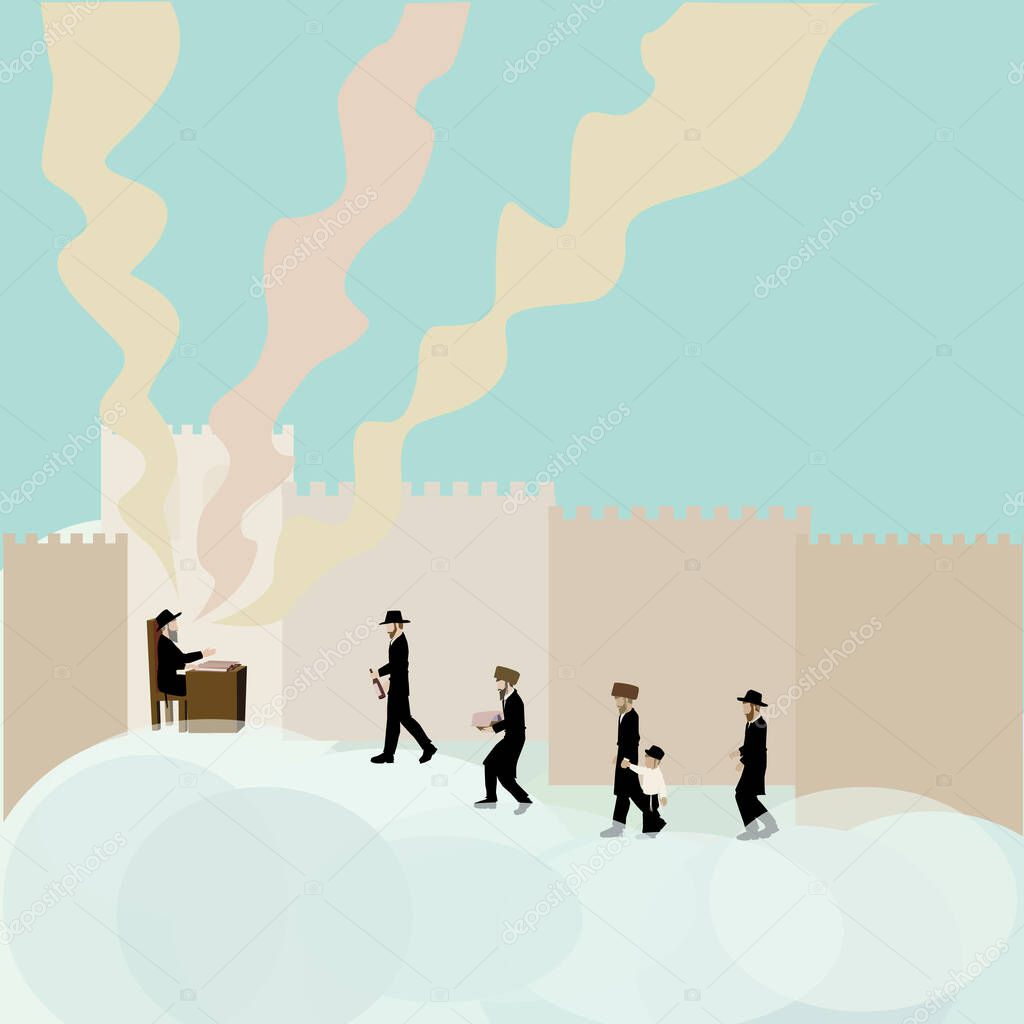 Ashkenazi Jews, Haredi followers of Torah, come to the rabbi. Bring him food, wine, the boy and a lamb.Against the background of the walls of Jerusalem. Marching on clouds. Surrealist vector drawing.