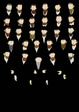 Geleneksel giysiler içinde, bir grup aşırı Ortodoks Yahudi, Tevrat 'ta gözlemci. Yanında da gri sakallı yetişkin bir haham var. Şekiller siyah bir arkaplanda farklı saç renginde sakallı. Vektör çizimi..