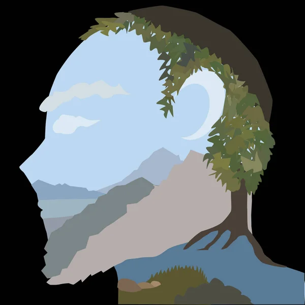 Drawing Landscape Head Jew Beard Skullcap Mountains Sea River Trees — Vetor de Stock