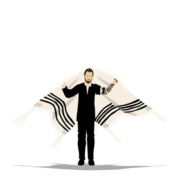 A bearded young ultra-Orthodox Jewish man wraps himself in a tallit. On his hands and on his head are tefillin - a Jewish sacred object.Vector drawing, isolated figure on a white background.