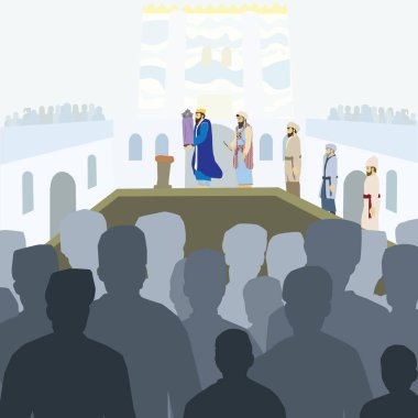 Assembling the Jewish People Vector drawing of dozens of men and women gathering in the Temple in Jerusalem. Looking at the king holding a Torah scroll and the high priest on a large wooden platform clipart