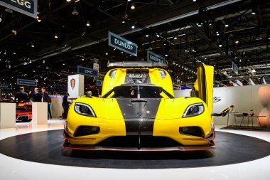 Geneva, İsviçre - 2016: 2016 Koenigsegg Agera 86 Cenevre Motor Show Palexpo içinde sunulan Rs 1 Mart