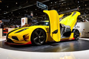 Geneva, İsviçre - 2016: 2016 Koenigsegg Agera 86 Cenevre Motor Show Palexpo içinde sunulan Rs 1 Mart