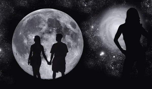 Dark silhouettes of love couple in full Moon night