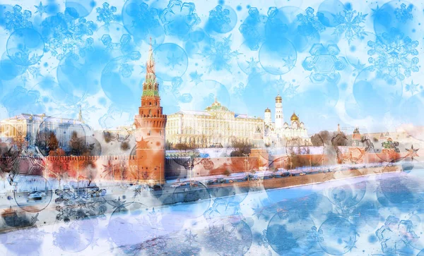 Silvester Doppelbelichtung Hintergrund Von Roten Wänden Des Untergehenden Kreml Moskau — Stockfoto