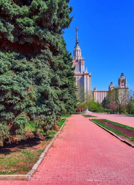 Baharda Moskova 'da mavi bulutlu gökyüzü altında yeşil ağaçlar ve gölgelerle ünlü üniversitenin güneşli kampüsü