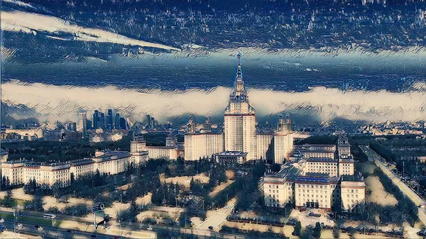 Color Sketch Aerial Drone View Spring Campus Famous University Moscow — Stock Photo, Image