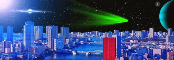 未知の惑星 星の空 緑の彗星を持つ深い宇宙の未来的な東京都市 — ストック写真