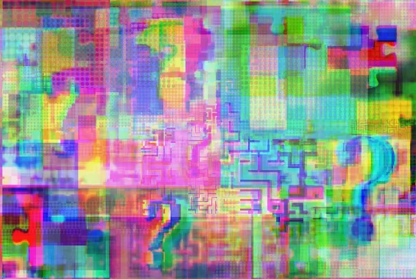 Merkteken Van Ondervragingen Puzzel Labyrinten Glitch Spots Met Fuzziness Concept — Stockfoto