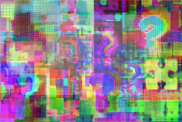 Signs of query, intricacies and jigsaw puzzle in glitch space with fuzziness, concept background for screen, charts, news, show, advt, teenage games, basic project etc