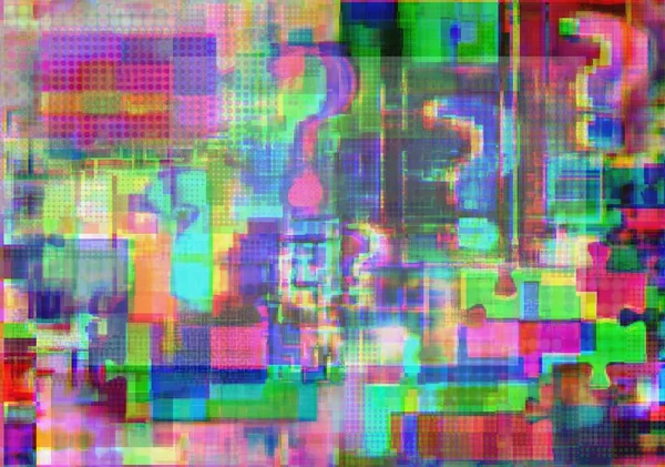 Question marks, intricacies and jigsaw puzzle in glitch space with fuzziness, concept background for hosting, bug, news, show, advt, teenage games, basic project etc