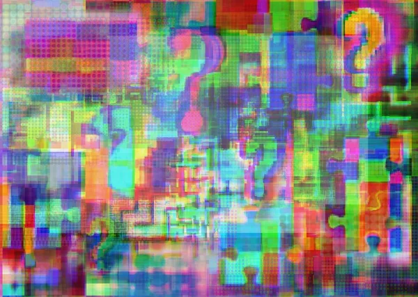 Semne Întrebare Complicații Puzzle Jigsaw Spațiu Glitch Fuzziness Fundal Concept — Fotografie, imagine de stoc