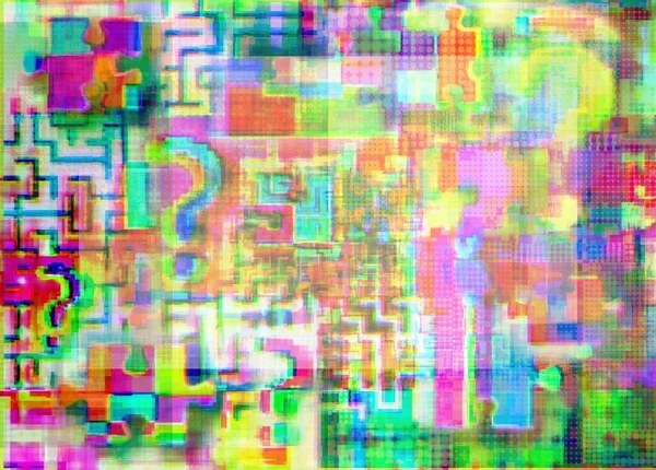 Notes of interrogations, labyrinths and puzzle in glitch art with fuzziness, concept background for IT test, KPI, news, show, advt, understanding, company style etc