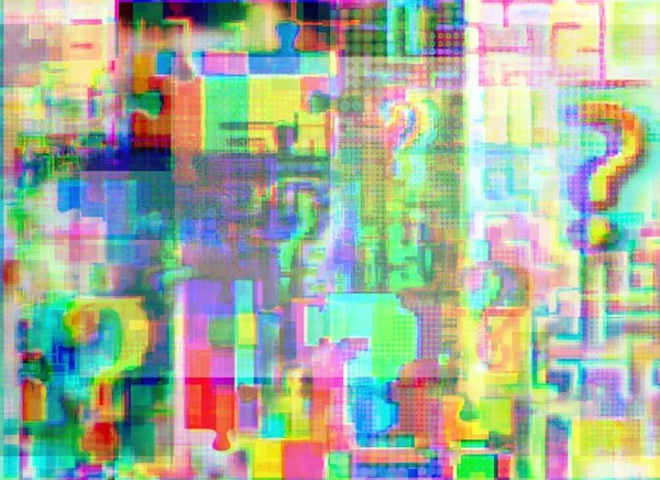 Segni Query Complessità Puzzle Nello Spazio Glitch Con Sfocatura Sfondo — Foto Stock